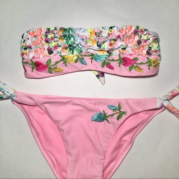 HELLO BIKINI GIRLS 8 TWO PIECE PINK MULTI COLOR FLORAL EMBROIDERED PATTERN SWIM - Picture 5 of 5